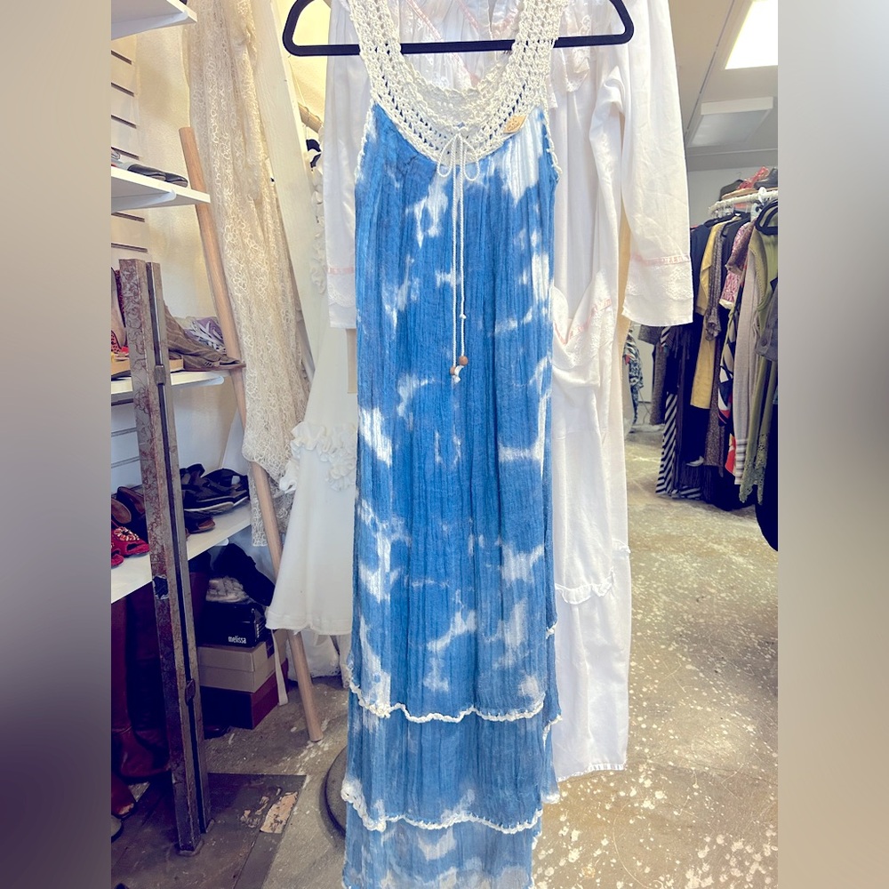 Vintage crochet and woven tie-dye mesh summer dress